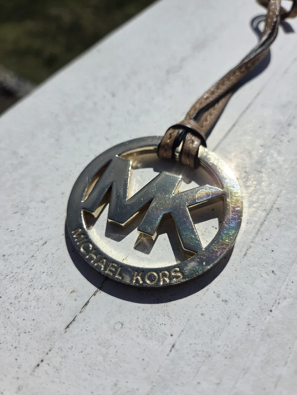 Michael Kors Tan Leather Strap MK Logo Key Ring Charm Purse Tag